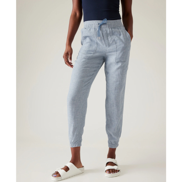 Athleta Pants - Athleta Retreat Linen Jogger Pants Zip Pockets Cinch Ankle Chambray Blue